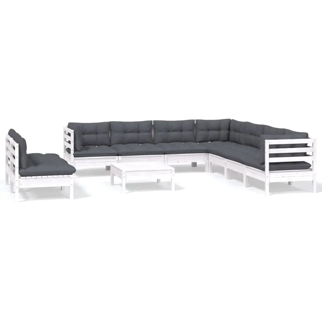 10 Piece Garden Lounge Set with Cushions White Solid Pinewood 3096834 - Furniture