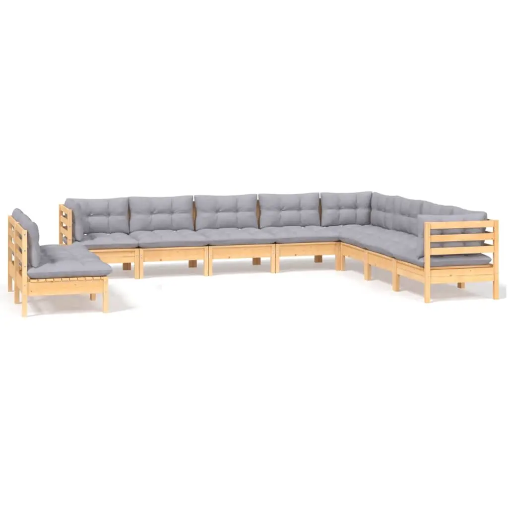 10 Piece Garden Lounge Set with Grey Cushions Solid Pinewood 3096838 - Furniture