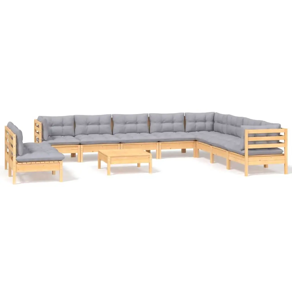 11 Piece Garden Lounge Set with Grey Cushions Solid Pinewood 3096844 - Furniture