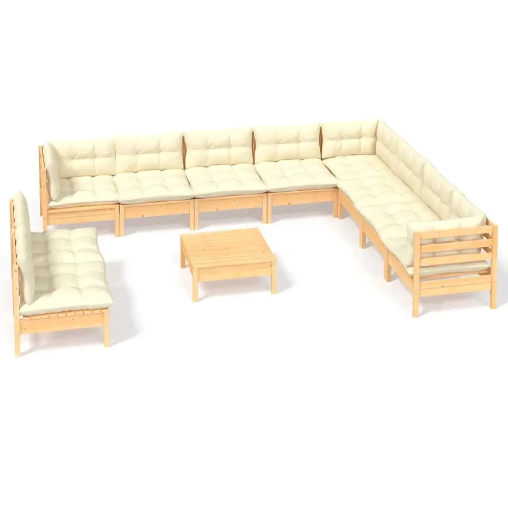 11 Piece Garden Lounge Set with Cream Cushions Solid Pinewood 3096845 - Furniture