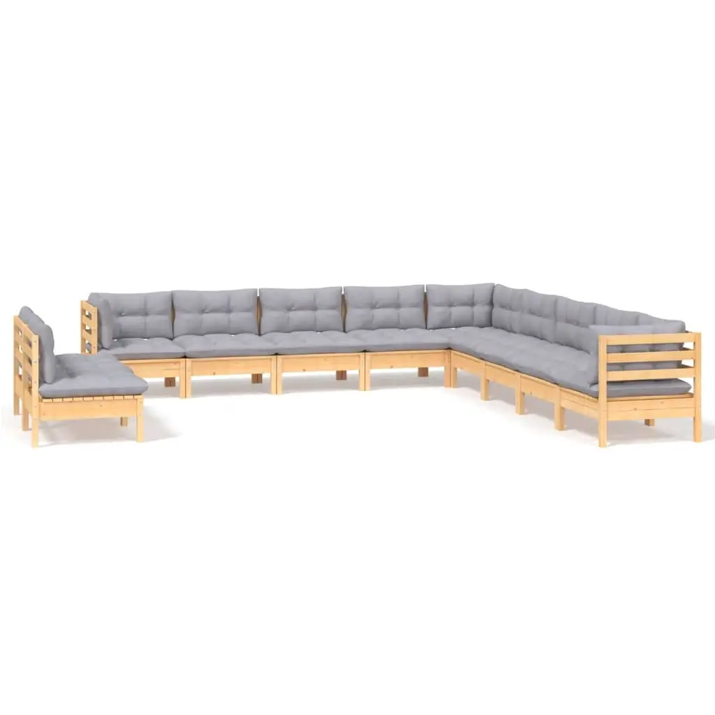 11 Piece Garden Lounge Set with Grey Cushions Solid Pinewood 3096850 - Furniture