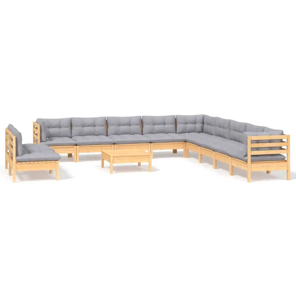 12 Piece Garden Lounge Set with Grey Cushions Solid Pinewood 3096856 - Furniture