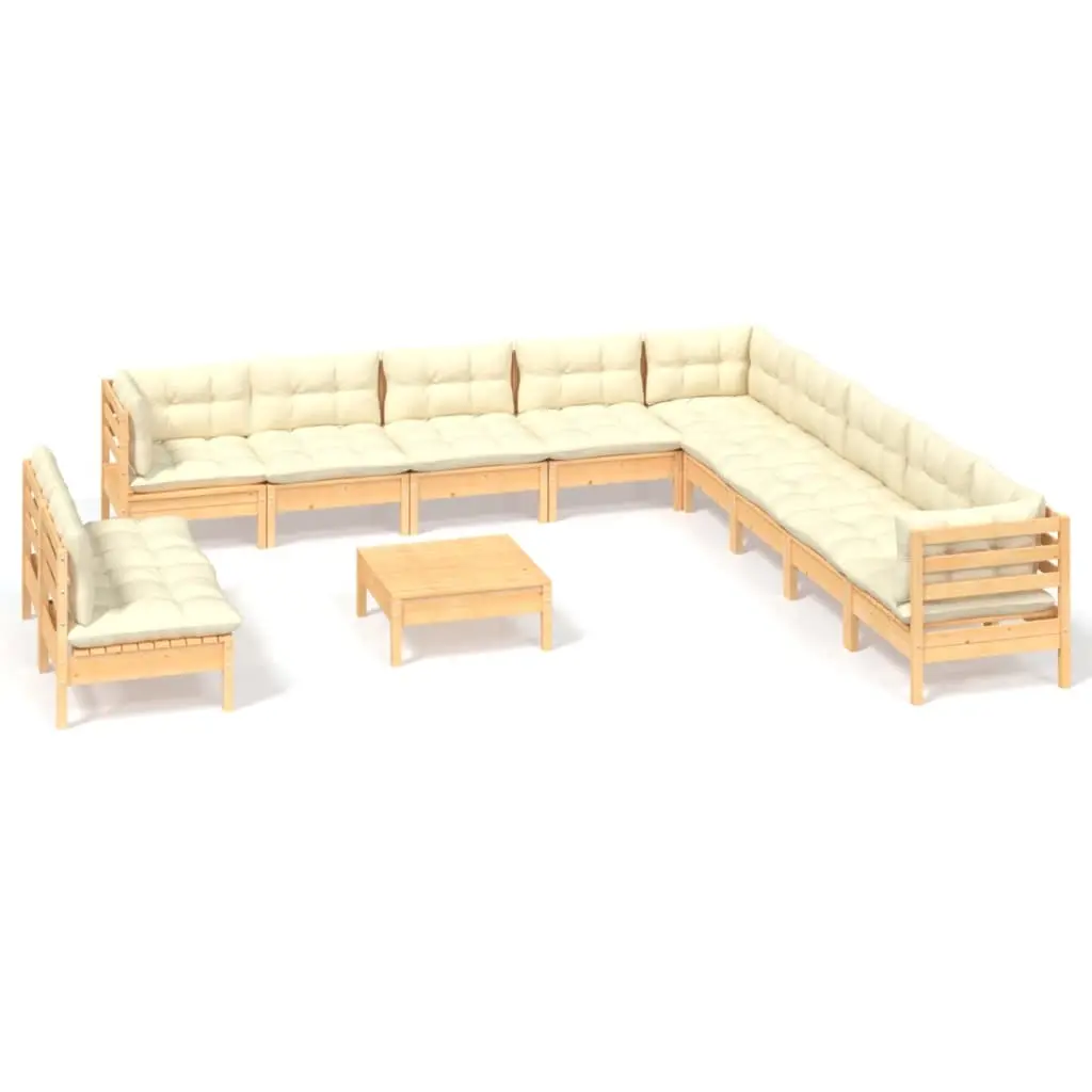 12 Piece Garden Lounge Set with Cream Cushions Solid Pinewood 3096857 - Furniture