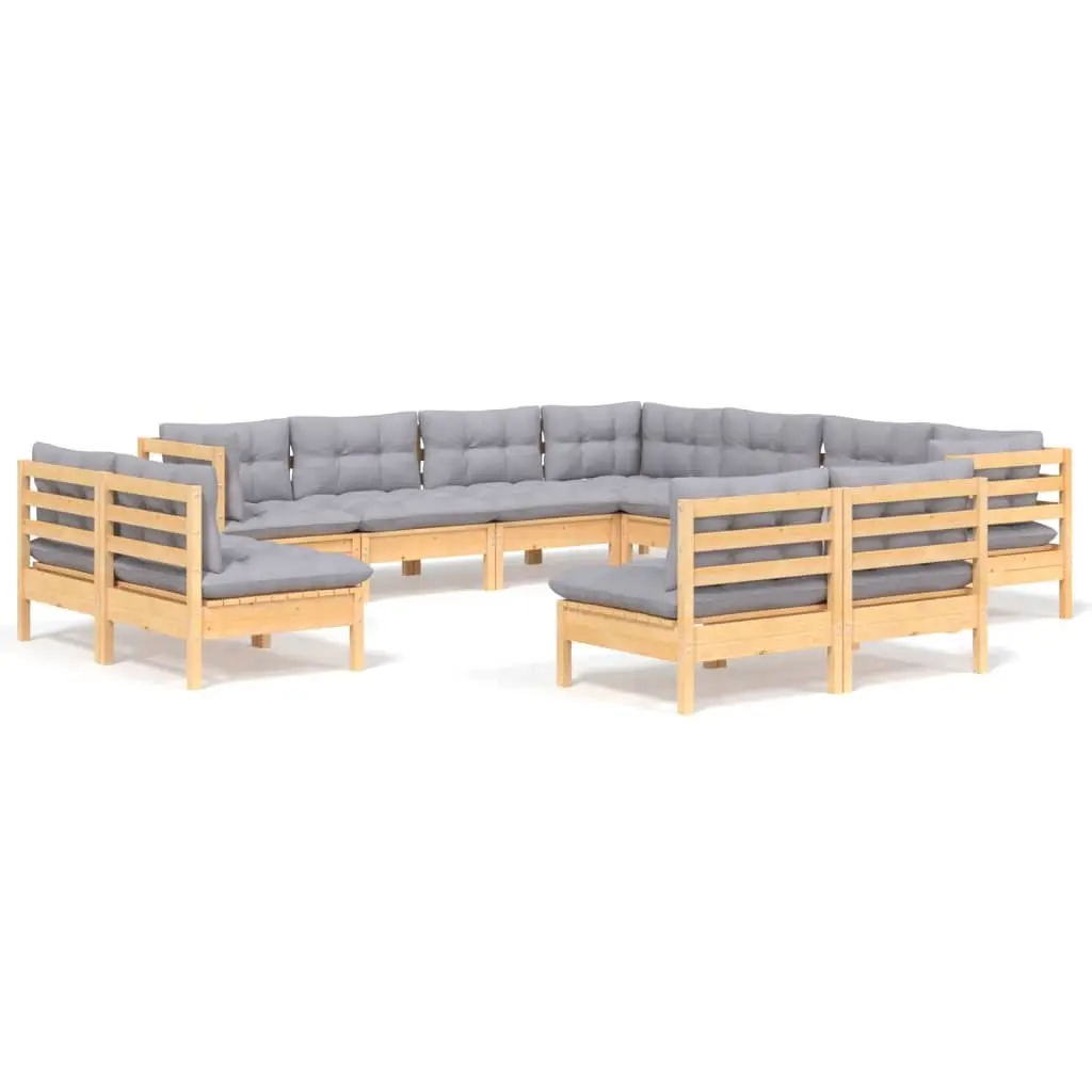 11 Piece Garden Lounge Set with Grey Cushions Solid Pinewood 3096862 - Furniture