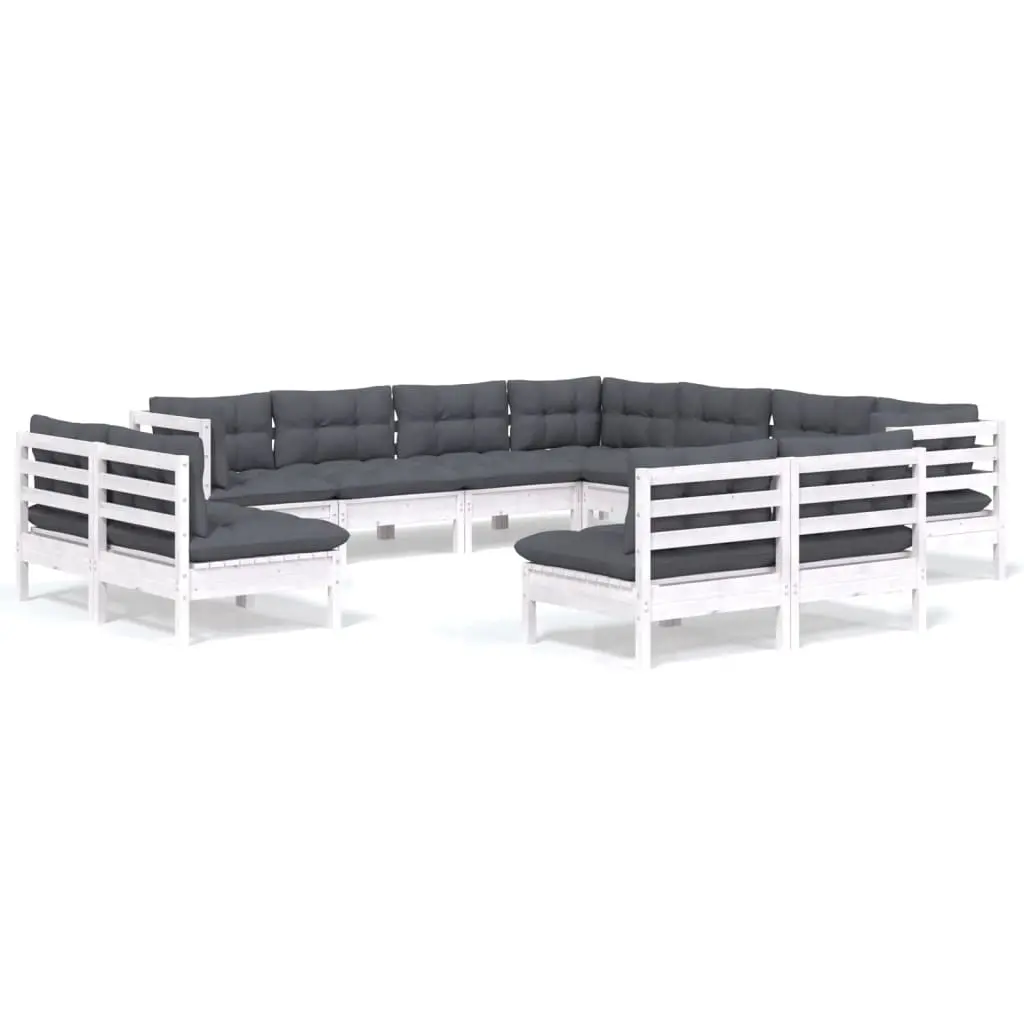 11 Piece Garden Lounge Set with Cushions White Solid Pinewood 3096864 - Furniture