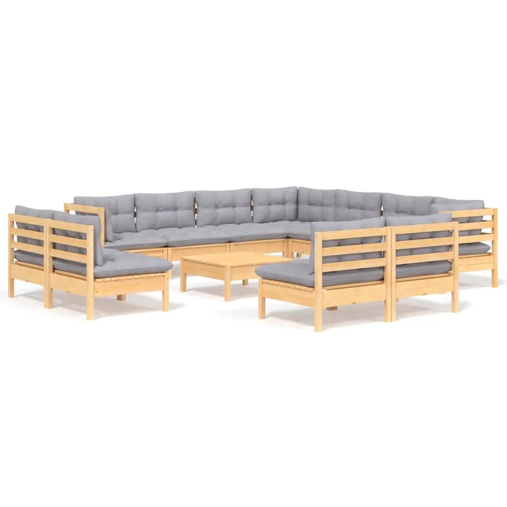 12 Piece Garden Lounge Set with Grey Cushions Solid Pinewood 3096868 - Furniture