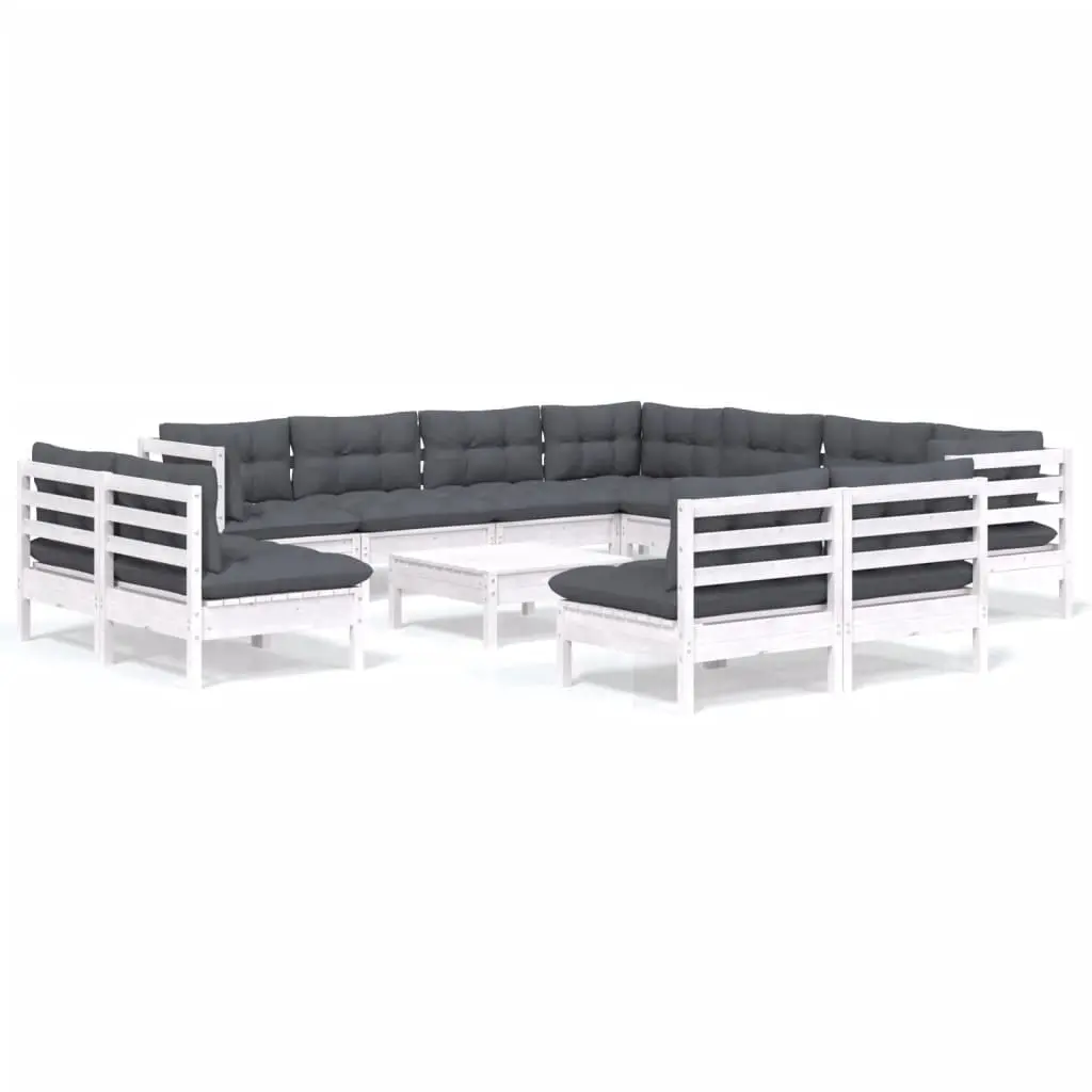 12 Piece Garden Lounge Set with Cushions White Solid Pinewood 3096870 - Furniture