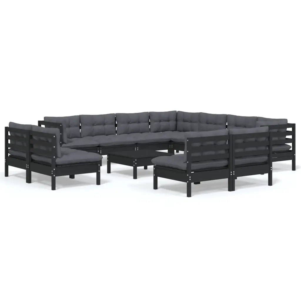 12 Piece Garden Lounge Set with Cushions Black Solid Pinewood 3096873 - Furniture