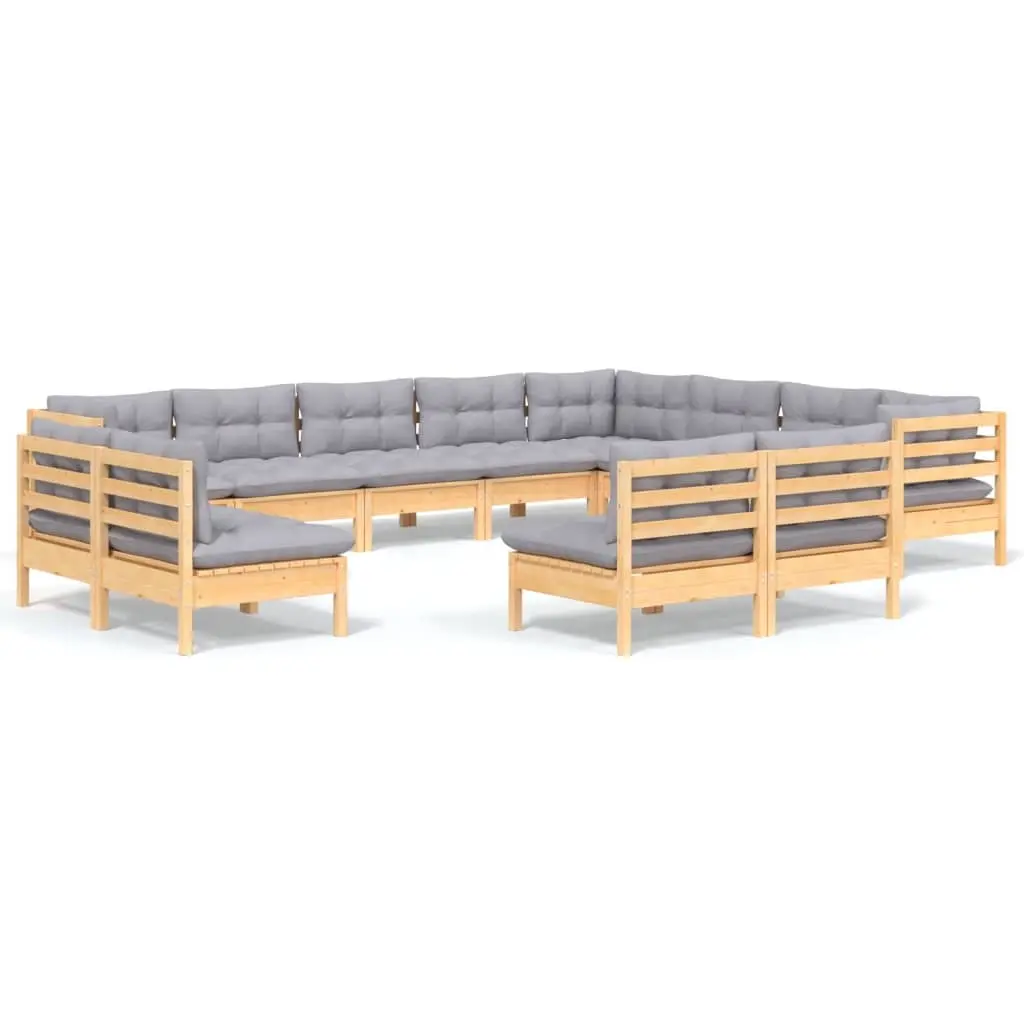 12 Piece Garden Lounge Set with Grey Cushions Solid Pinewood 3096874 - Furniture