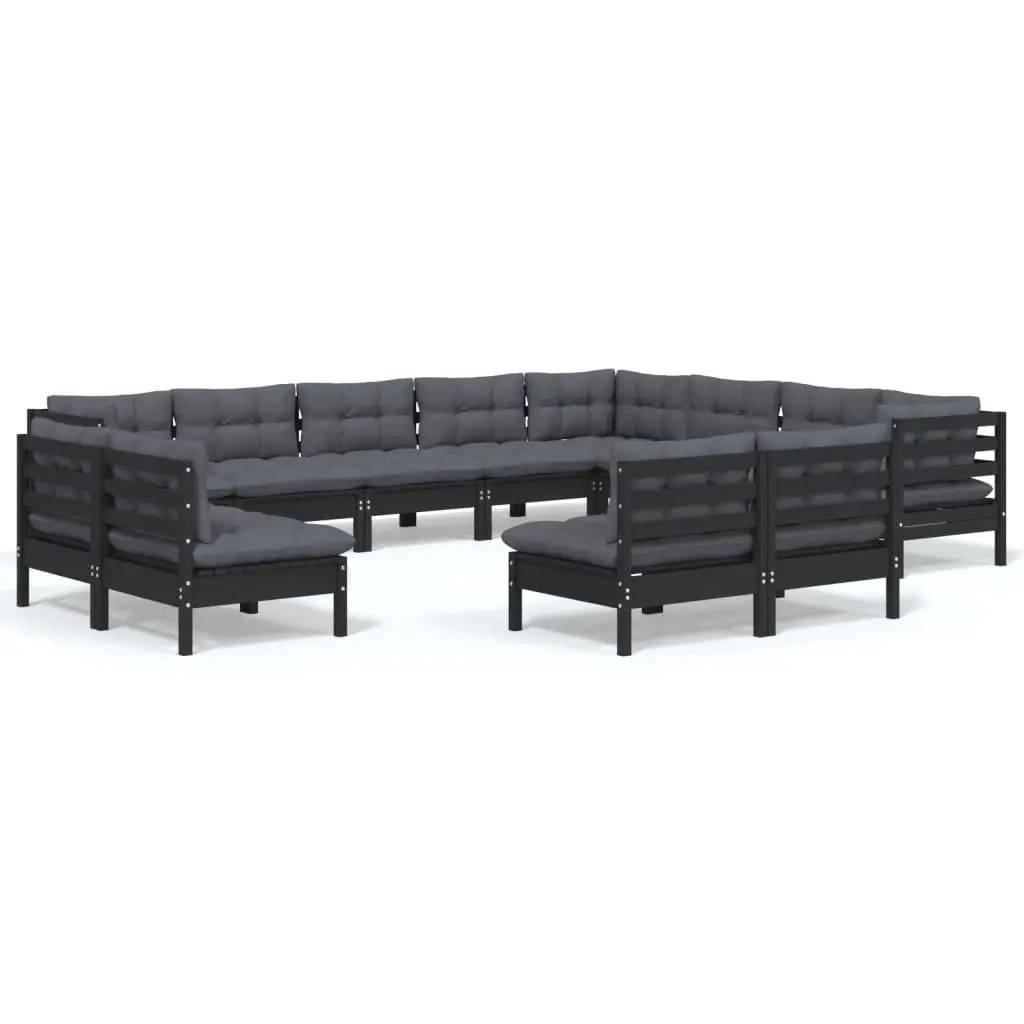 12 Piece Garden Lounge Set with Cushions Black Solid Pinewood 3096879 - Furniture