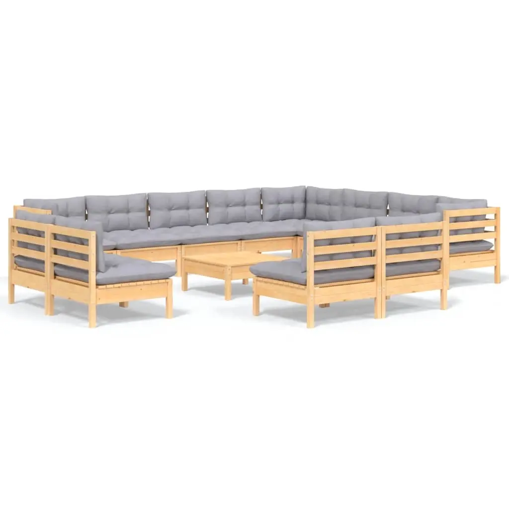13 Piece Garden Lounge Set with Grey Cushions Solid Pinewood 3096880 - Furniture