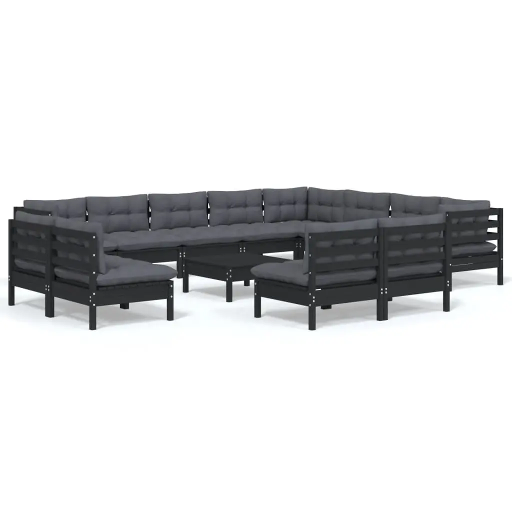 13 Piece Garden Lounge Set with Cushions Black Solid Pinewood 3096885 - Furniture