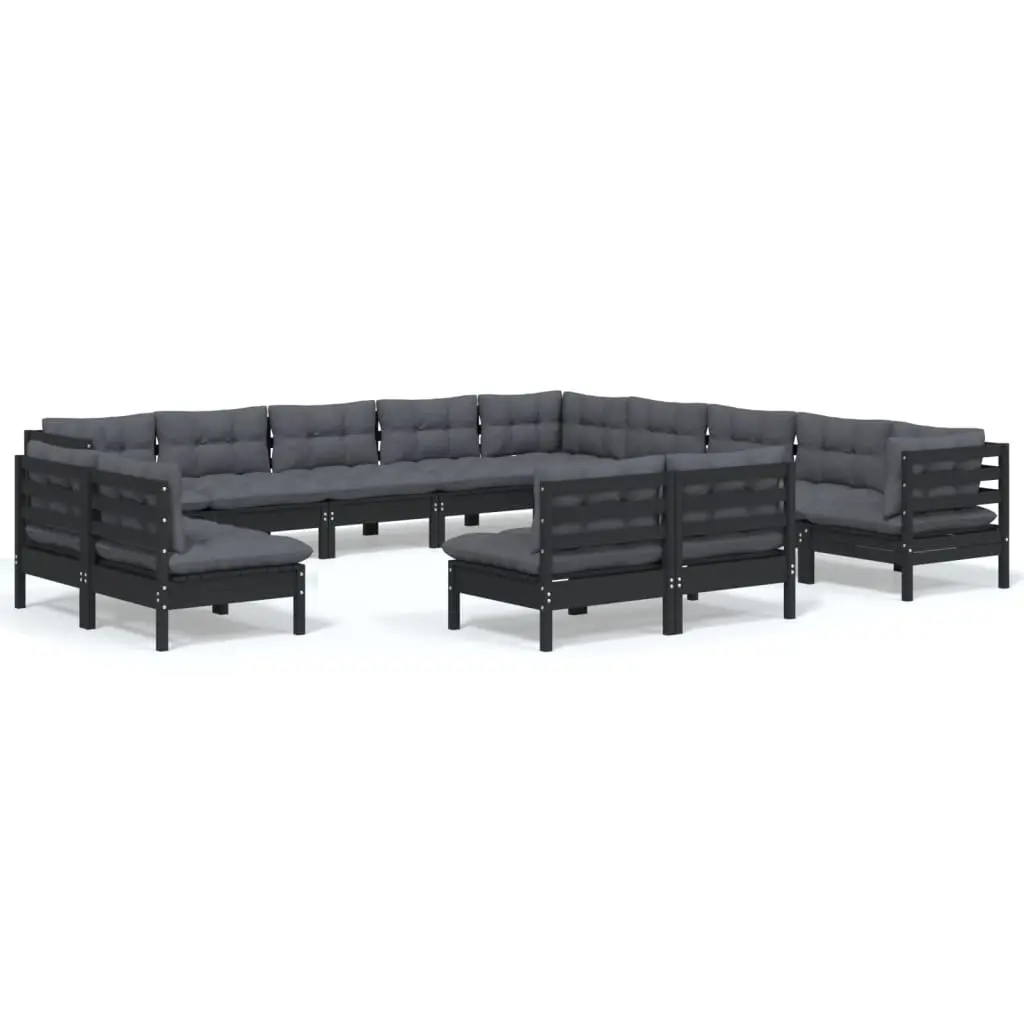 13 Piece Garden Lounge Set with Cushions Black Solid Pinewood 3096891 - Furniture