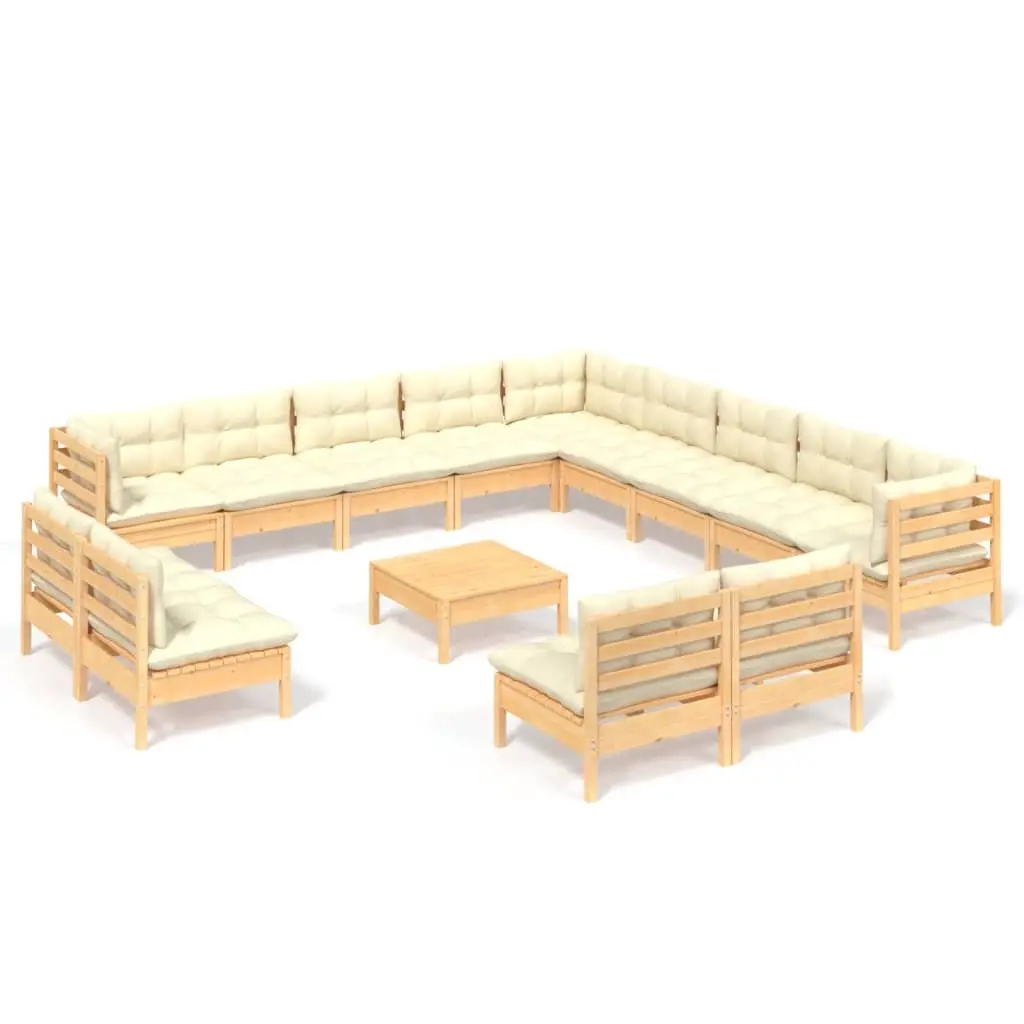 14 Piece Garden Lounge Set with Cream Cushions Solid Pinewood 3096893 - Furniture