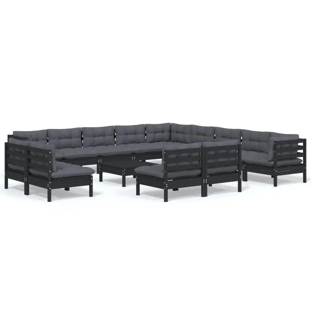14 Piece Garden Lounge Set with Cushions Black Solid Pinewood 3096897 - Furniture