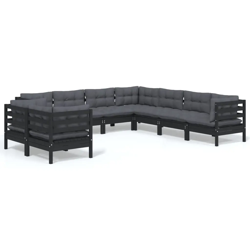 9 Piece Garden Lounge Set with Cushions Black Solid Pinewood 3096903 - Furniture