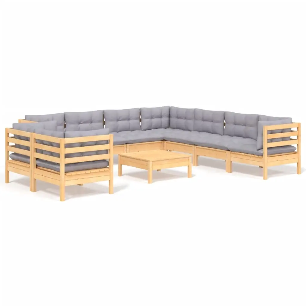 10 Piece Garden Lounge Set with Grey Cushions Solid Pinewood 3096904 - Furniture
