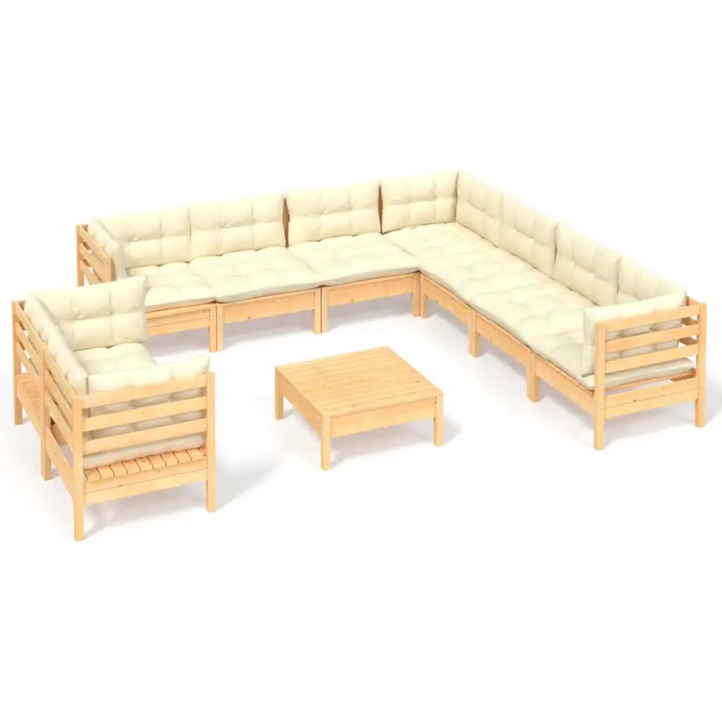 10 Piece Garden Lounge Set with Cream Cushions Solid Pinewood 3096905 - Furniture