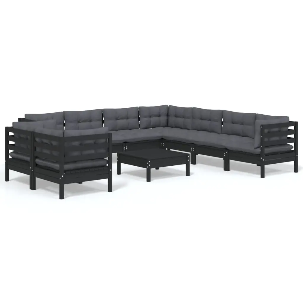 10 Piece Garden Lounge Set with Cushions Black Solid Pinewood 3096909 - Furniture