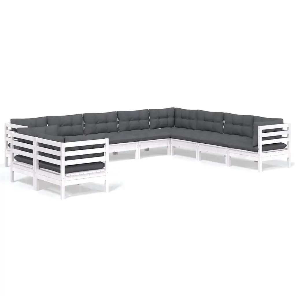 10 Piece Garden Lounge Set with Cushions White Solid Pinewood 3096912 - Furniture