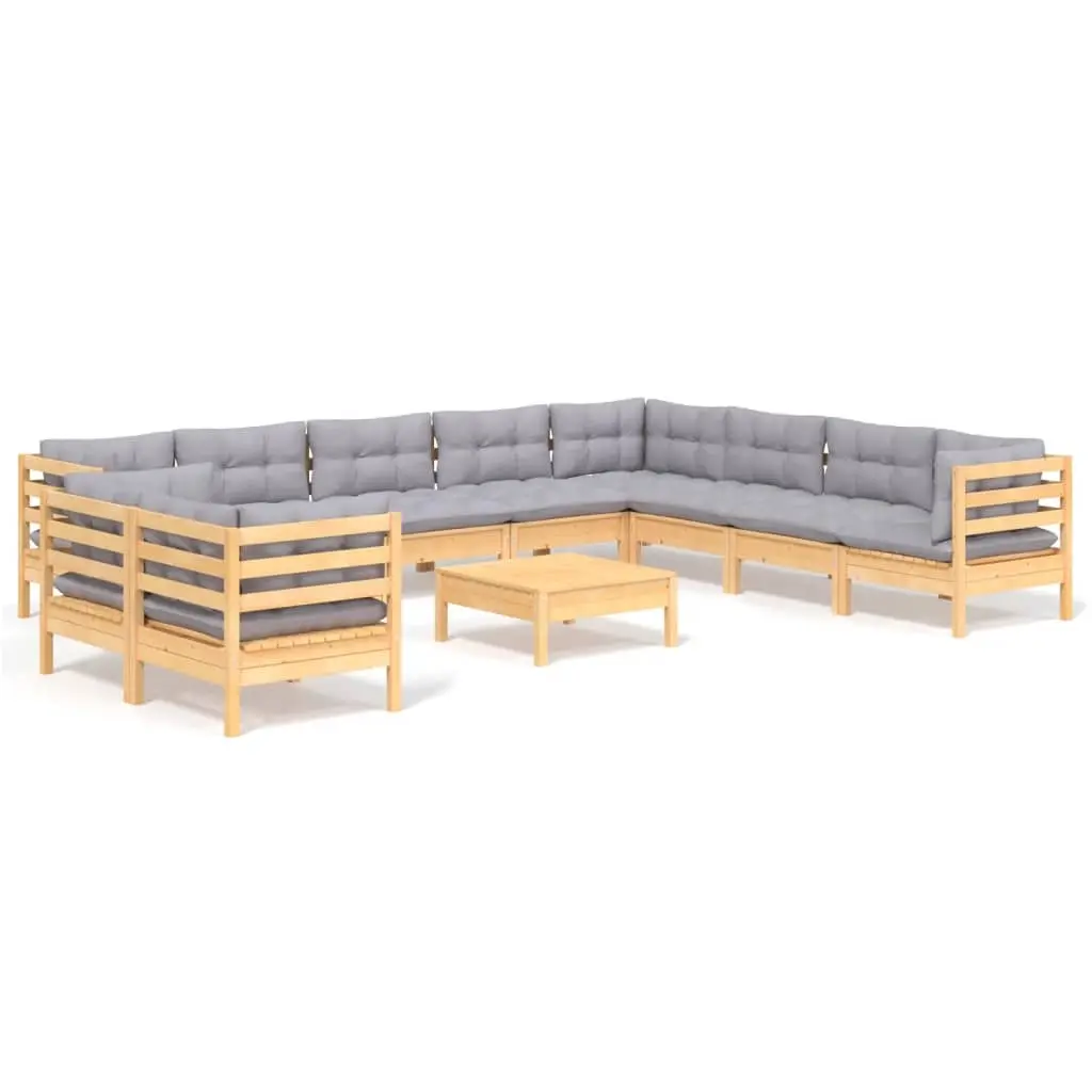 11 Piece Garden Lounge Set with Grey Cushions Solid Pinewood 3096916 - Furniture