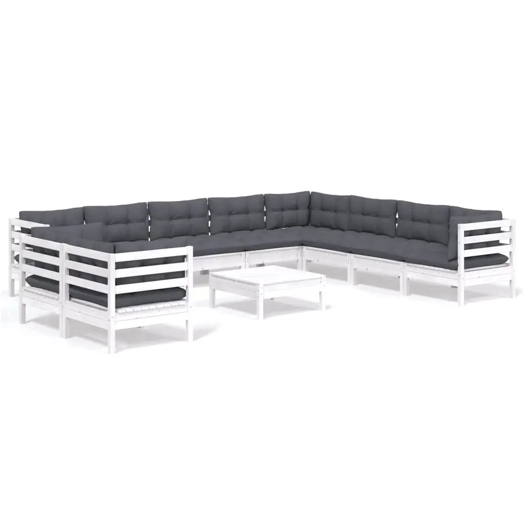 11 Piece Garden Lounge Set with Cushions White Solid Pinewood 3096918 - Furniture