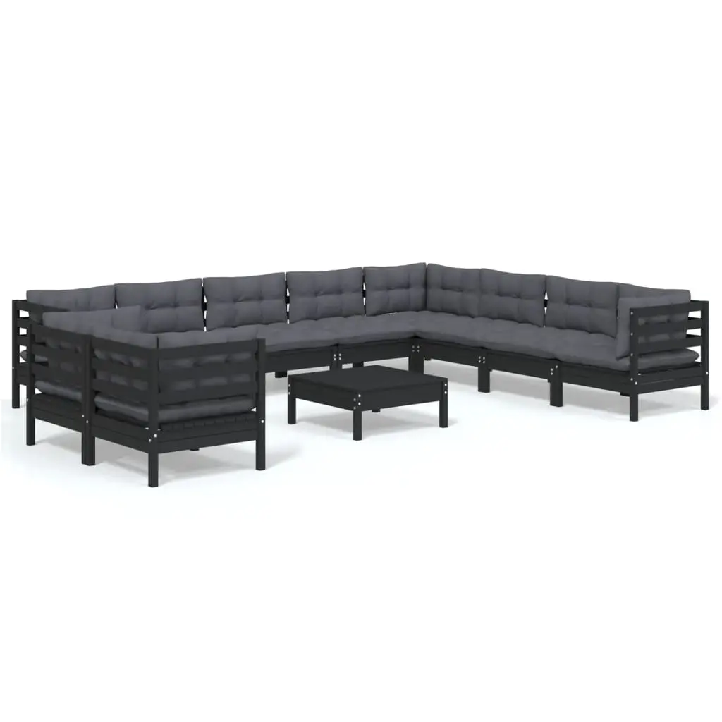 11 Piece Garden Lounge Set with Cushions Black Solid Pinewood 3096921 - Furniture