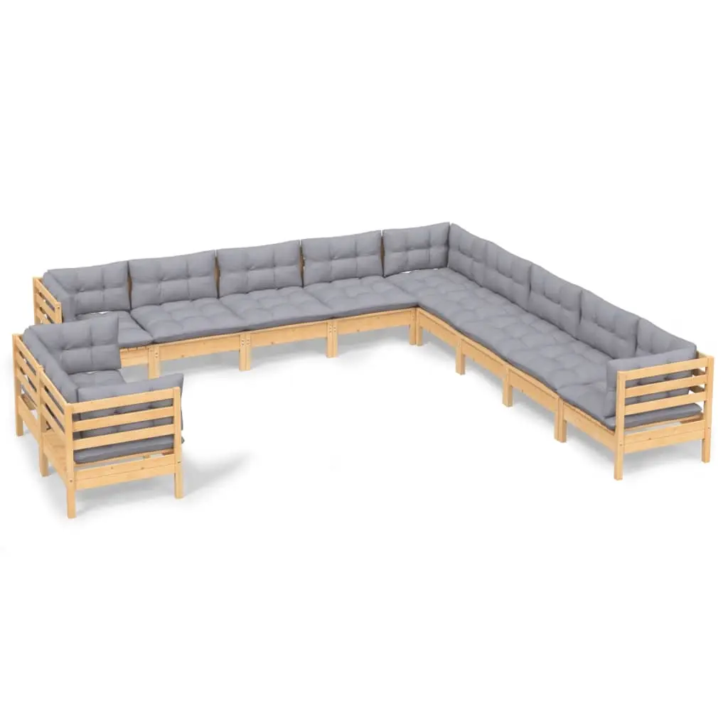 11 Piece Garden Lounge Set with Grey Cushions Solid Pinewood 3096922 - Furniture