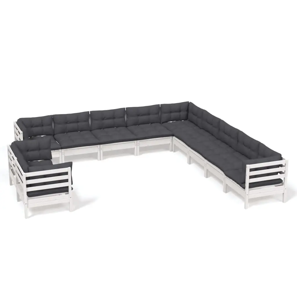 11 Piece Garden Lounge Set with Cushions White Solid Pinewood 3096924 - Furniture