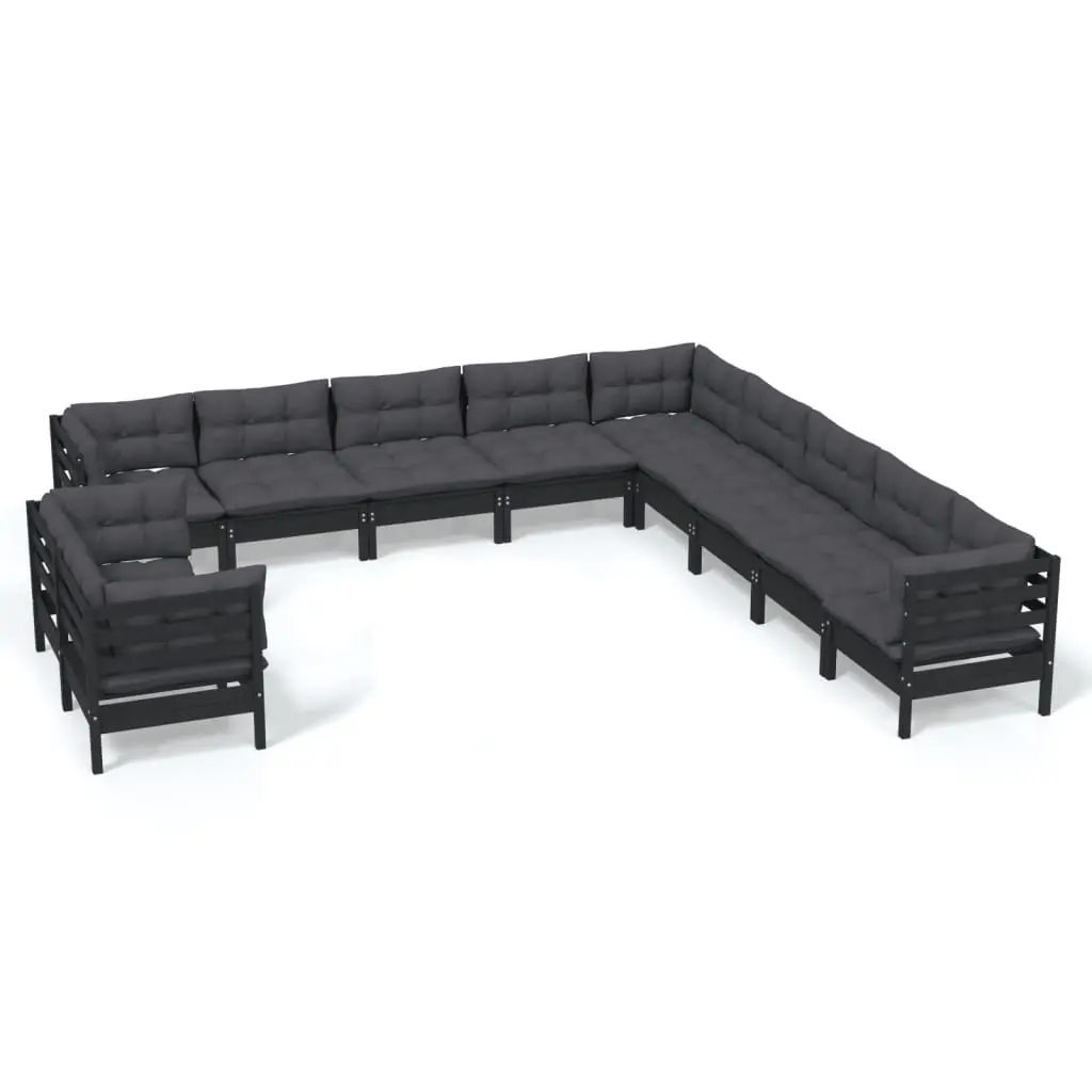 11 Piece Garden Lounge Set with Cushions Black Solid Pinewood 3096927 - Furniture