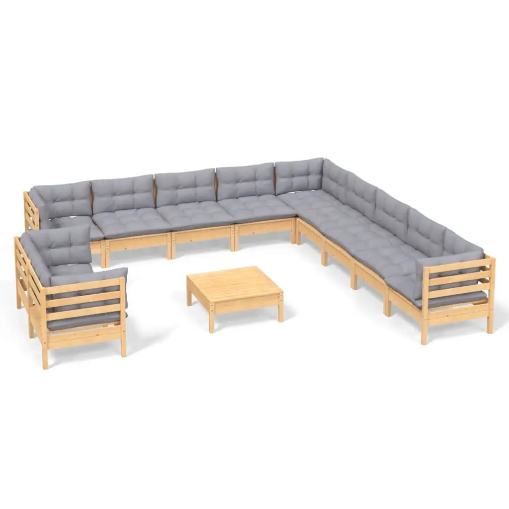 12 Piece Garden Lounge Set with Grey Cushions Solid Pinewood 3096928 - Furniture