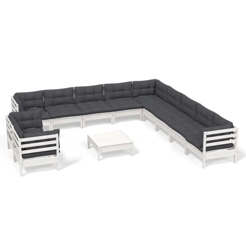 12 Piece Garden Lounge Set with Cushions White Solid Pinewood 3096930 - Furniture
