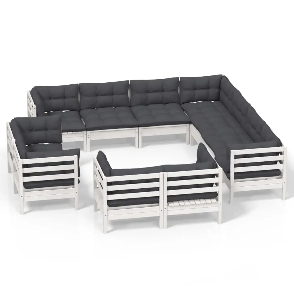 11 Piece Garden Lounge Set with Cushions White Solid Pinewood 3096936 - Furniture