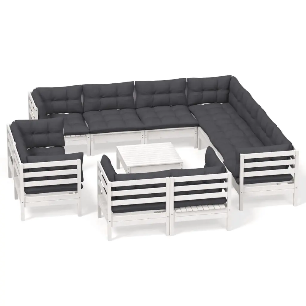 12 Piece Garden Lounge Set with Cushions White Solid Pinewood 3096942 - Furniture