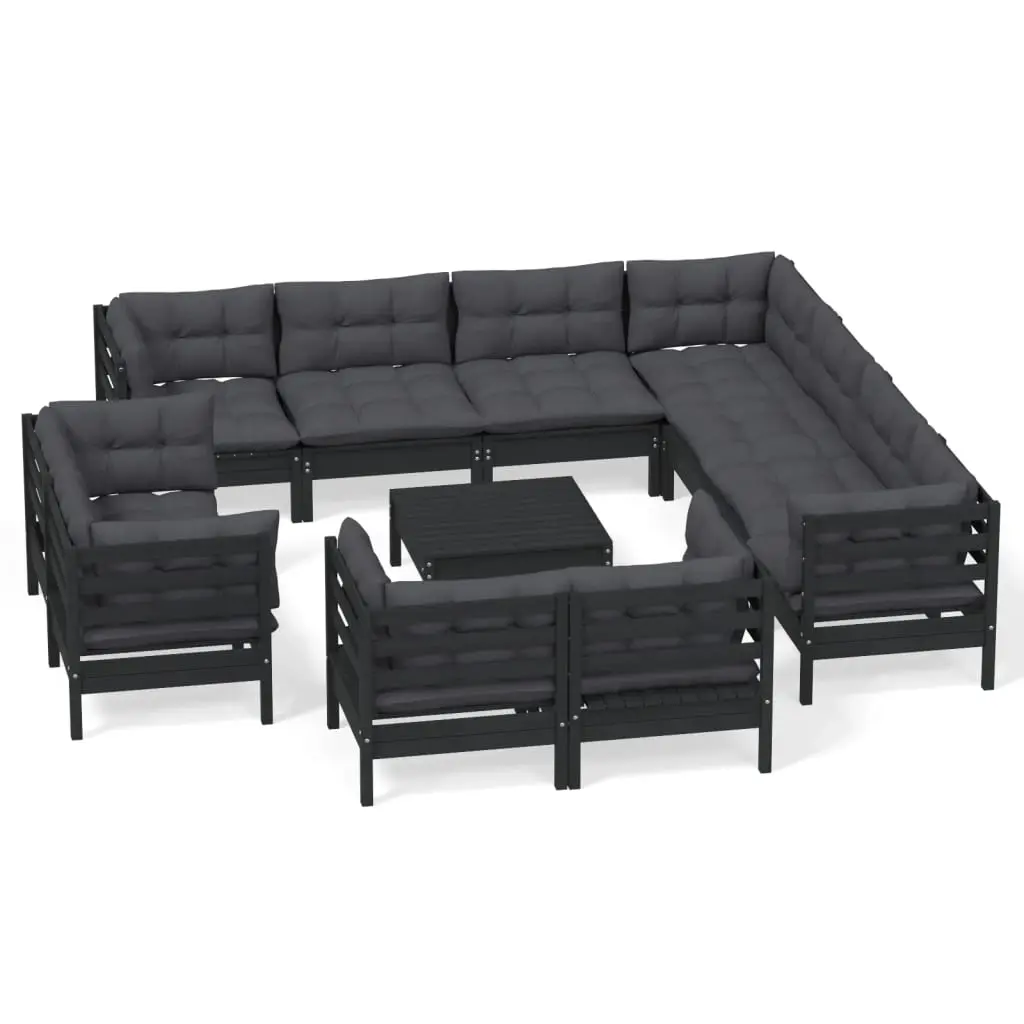 12 Piece Garden Lounge Set with Cushions Black Solid Pinewood 3096945 - Furniture