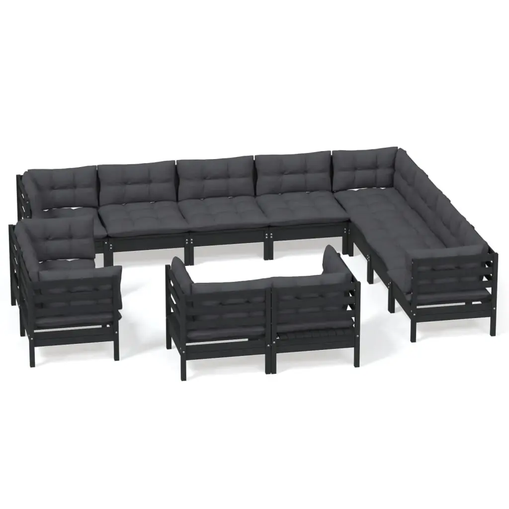 12 Piece Garden Lounge Set with Cushions Black Solid Pinewood 3096951 - Furniture