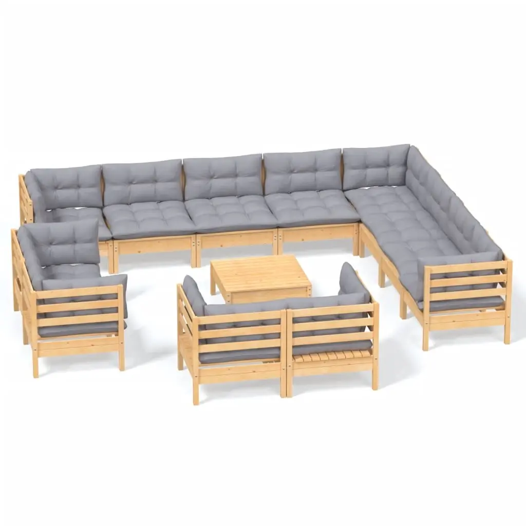 13 Piece Garden Lounge Set with Grey Cushions Solid Pinewood 3096952 - Furniture