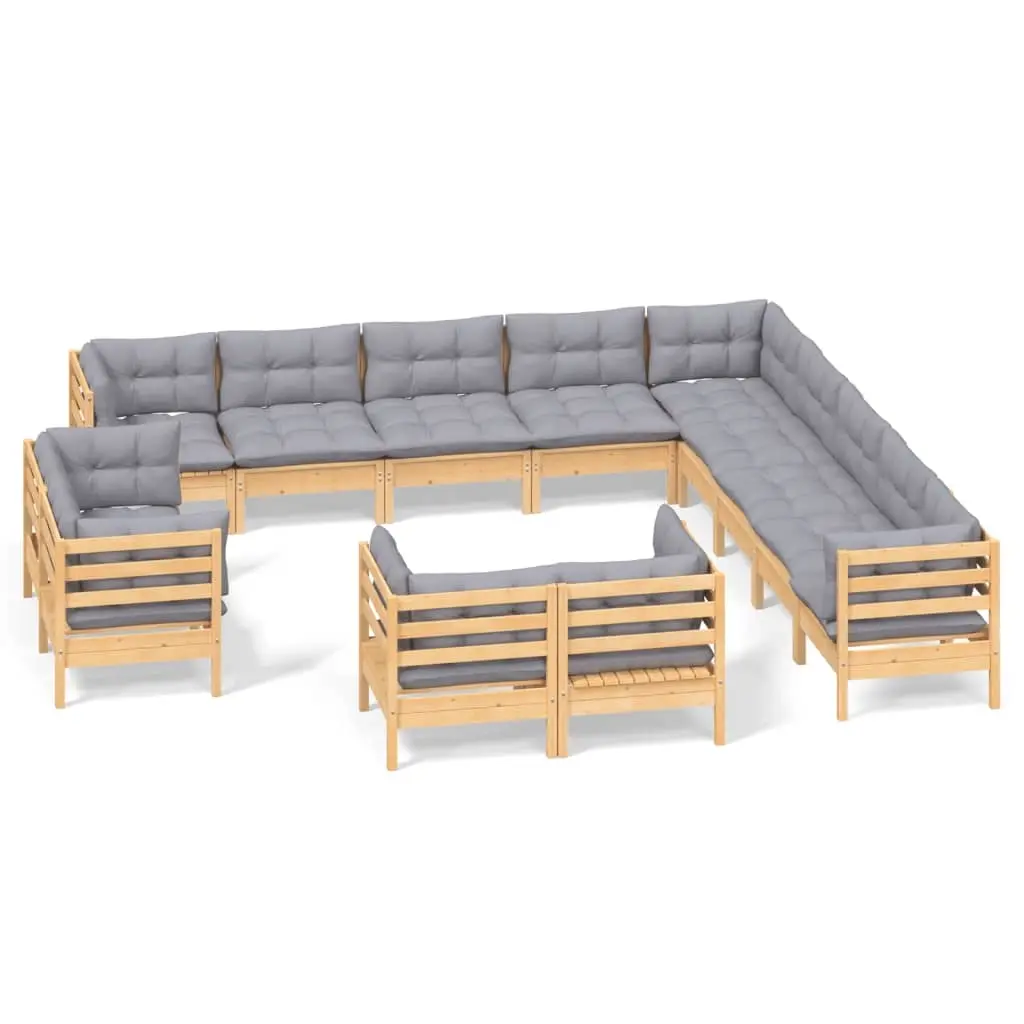 13 Piece Garden Lounge Set with Grey Cushions Solid Pinewood 3096958 - Furniture