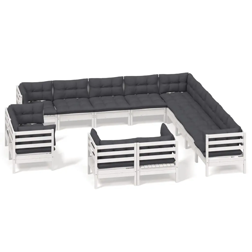 13 Piece Garden Lounge Set with Cushions White Solid Pinewood 3096960 - Furniture