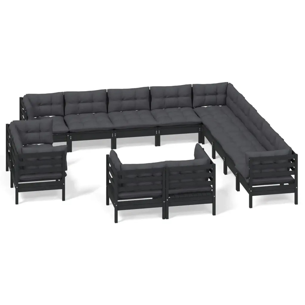 13 Piece Garden Lounge Set with Cushions Black Solid Pinewood 3096963 - Furniture