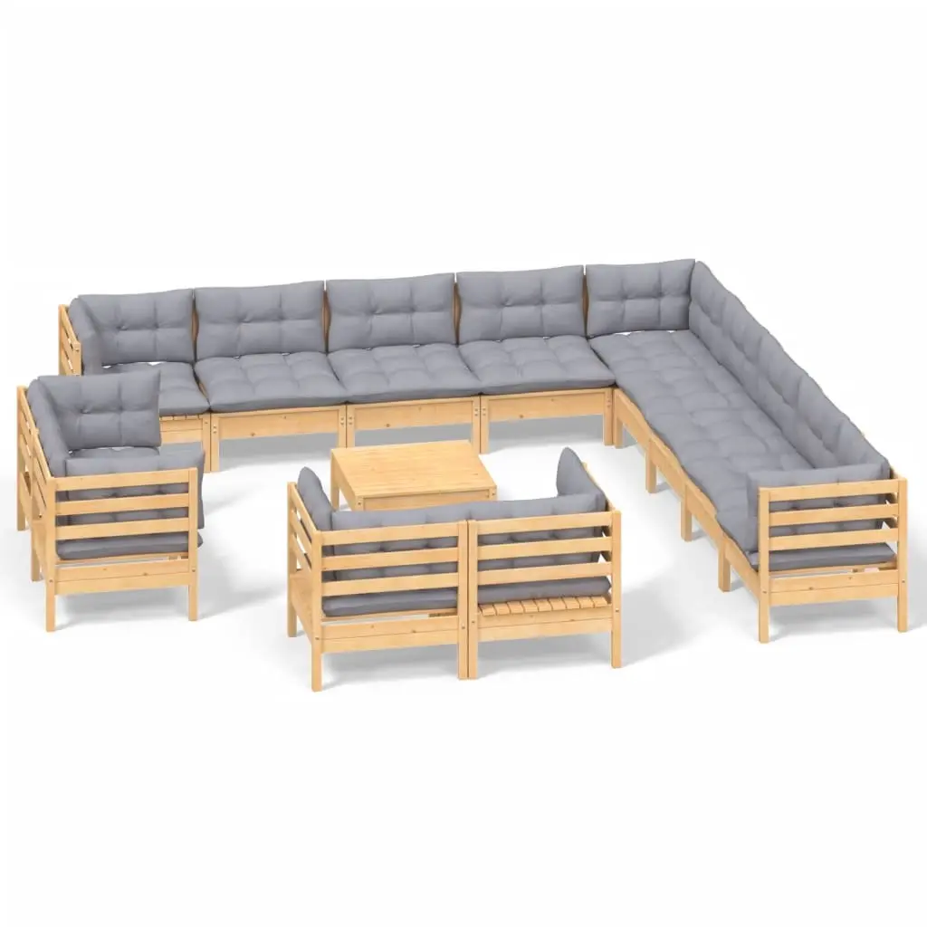 14 Piece Garden Lounge Set with Grey Cushions Solid Pinewood 3096964 - Furniture