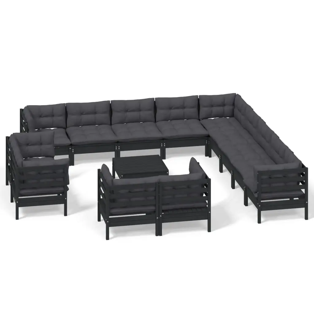 14 Piece Garden Lounge Set with Cushions Black Solid Pinewood 3096969 - Furniture