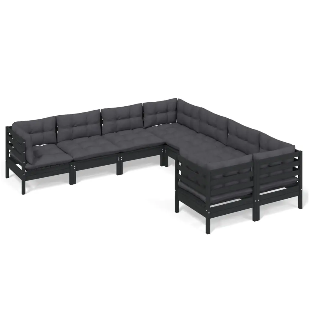 8 Piece Garden Lounge Set with Cushions Black Solid Pinewood 3096975 - Furniture