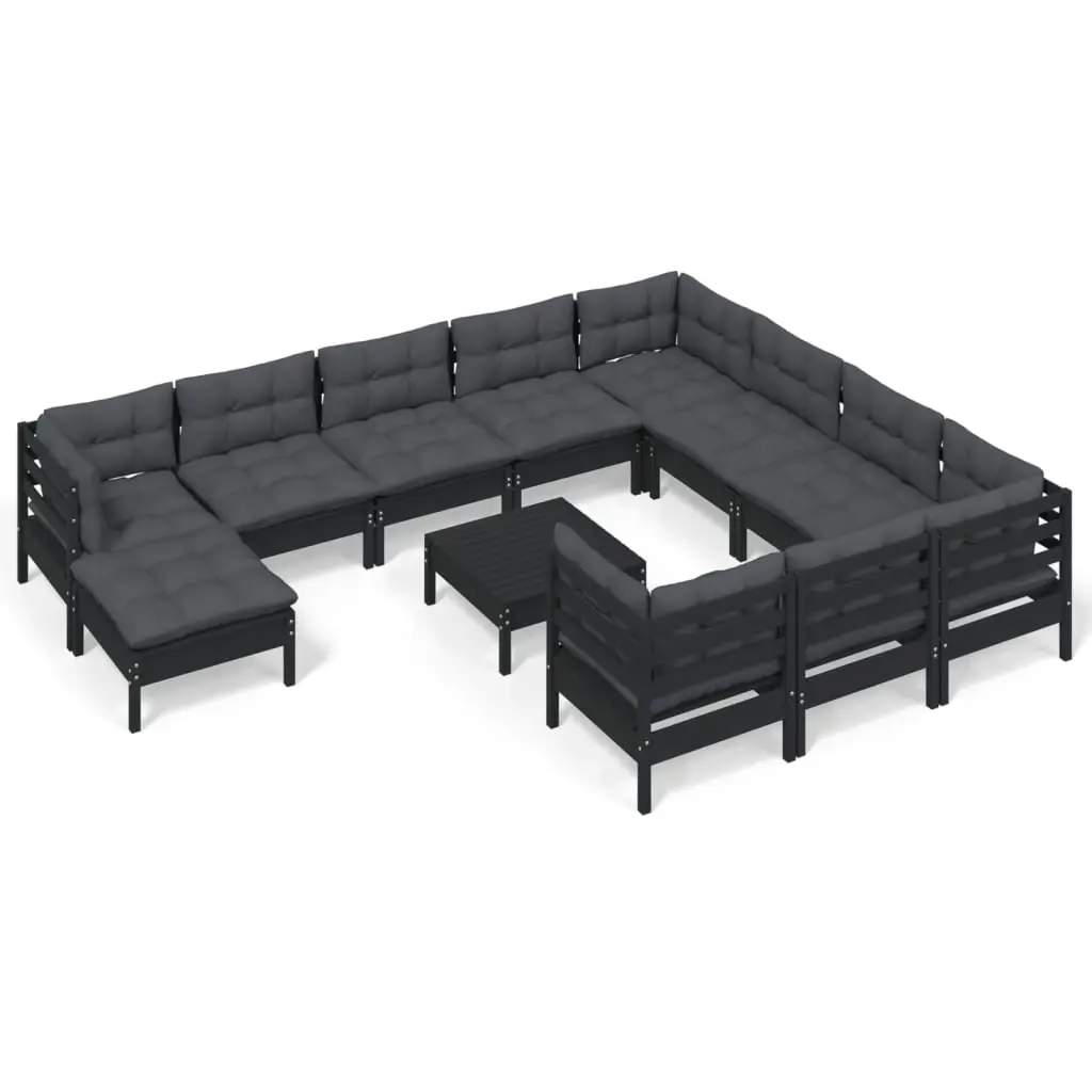 12 Piece Garden Lounge Set with Cushions Black Pinewood 3097053 - Furniture