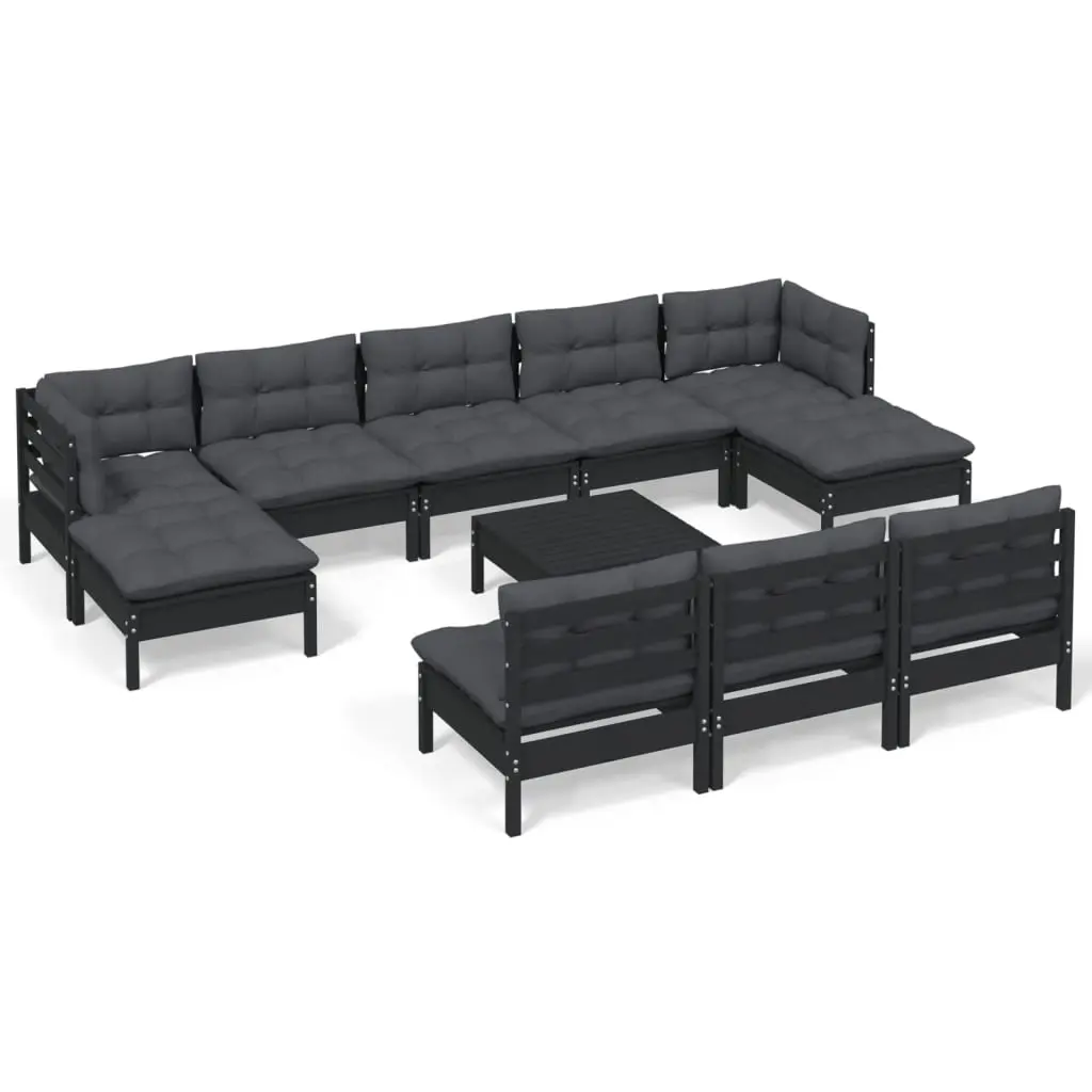 11 Piece Garden Lounge Set with Cushions Black Pinewood 3097125 - Furniture