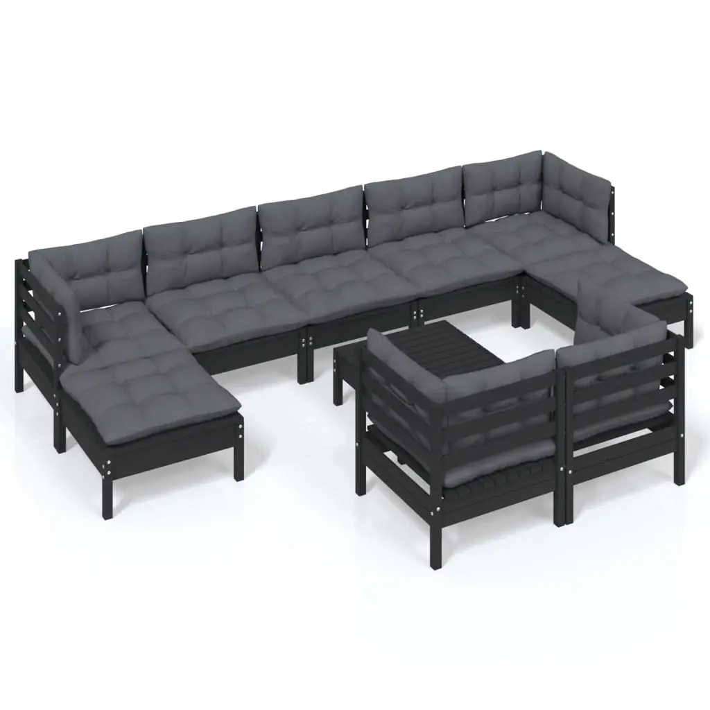 10 Piece Garden Lounge Set with Cushions Black Solid Pinewood 3097137 - Furniture