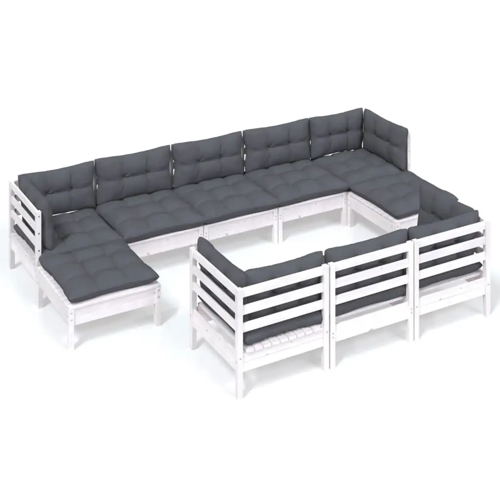 10 Piece Garden Lounge Set with Cushions White Solid Pinewood 3097140 - Furniture
