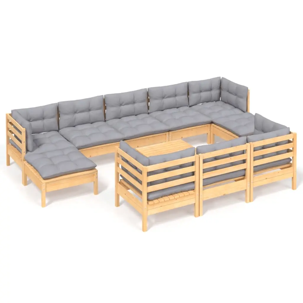 11 Piece Garden Lounge Set with Grey Cushions Solid Pinewood 3097144 - Furniture