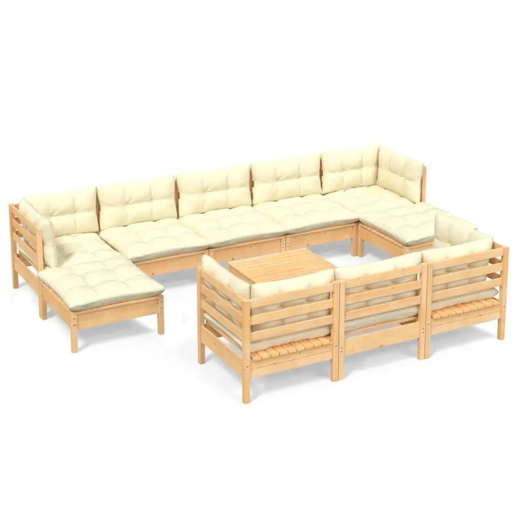 11 Piece Garden Lounge Set with Cream Cushions Solid Pinewood 3097145 - Furniture