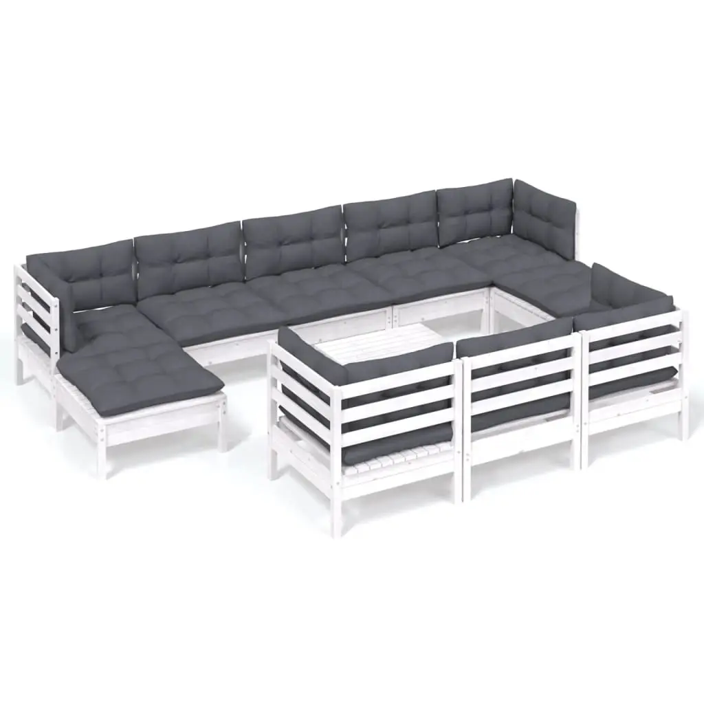 11 Piece Garden Lounge Set with Cushions White Solid Pinewood 3097146 - Furniture